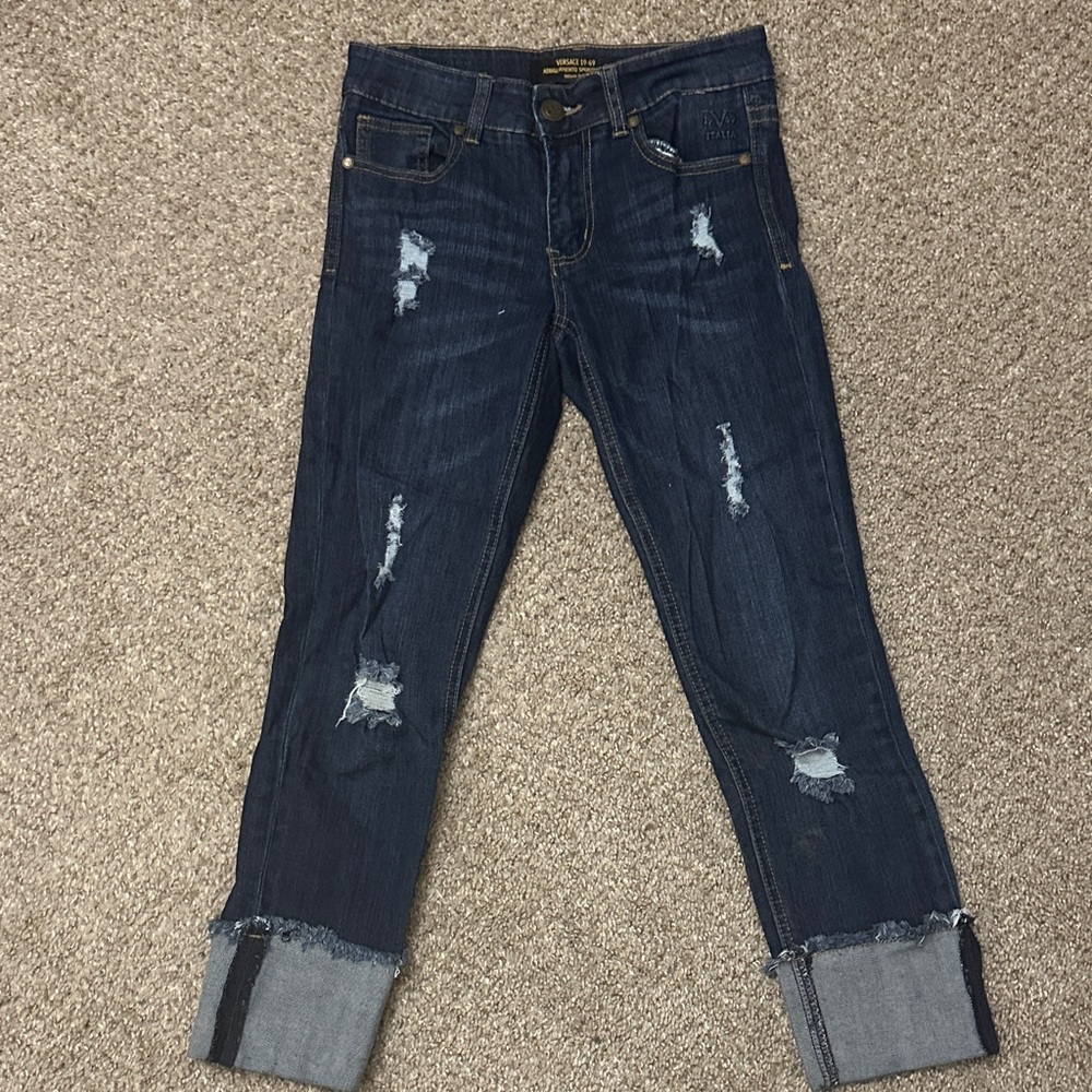 Versace Dark Blue Distressed Cropped Jeans